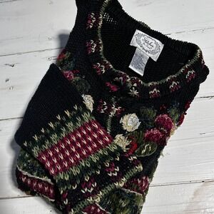 Stitches In Time Vintage Christmas Cardigan Black Floral Tree Beaded Mens M